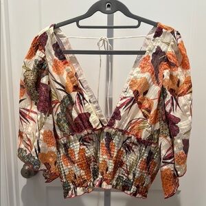Anthropologie Cream Orange V-Neck Blouse L